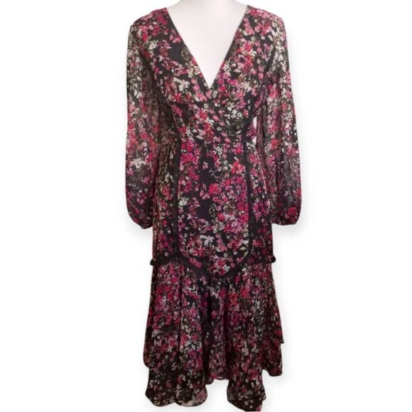 DANNY & NICOLE BLACK & PINK FLORAL MIDI DRESS SZ.10 EUC. - Picture 1 of 8